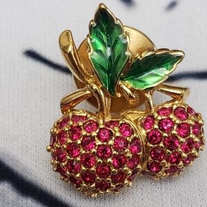 Vintage Gold Tone Cherry Brooch Pin Pink Rhinestone Gree Enamel Leaves Fruit